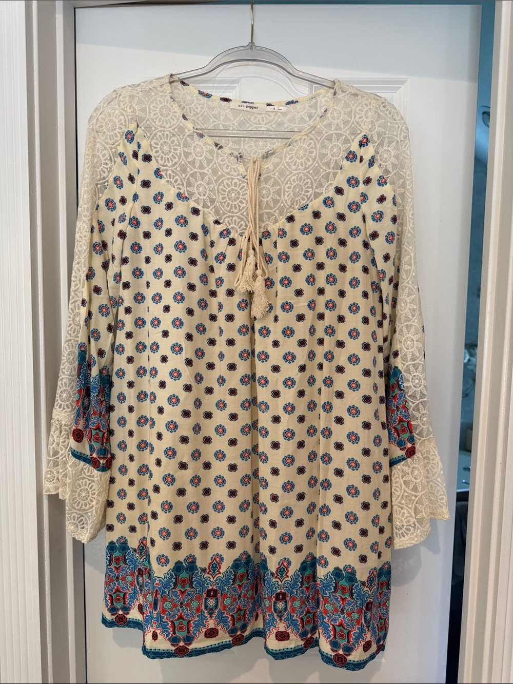 Blu Pepper Boho Tunic Dress Small Cream Lace Bell Sleeve Blue Red Print
